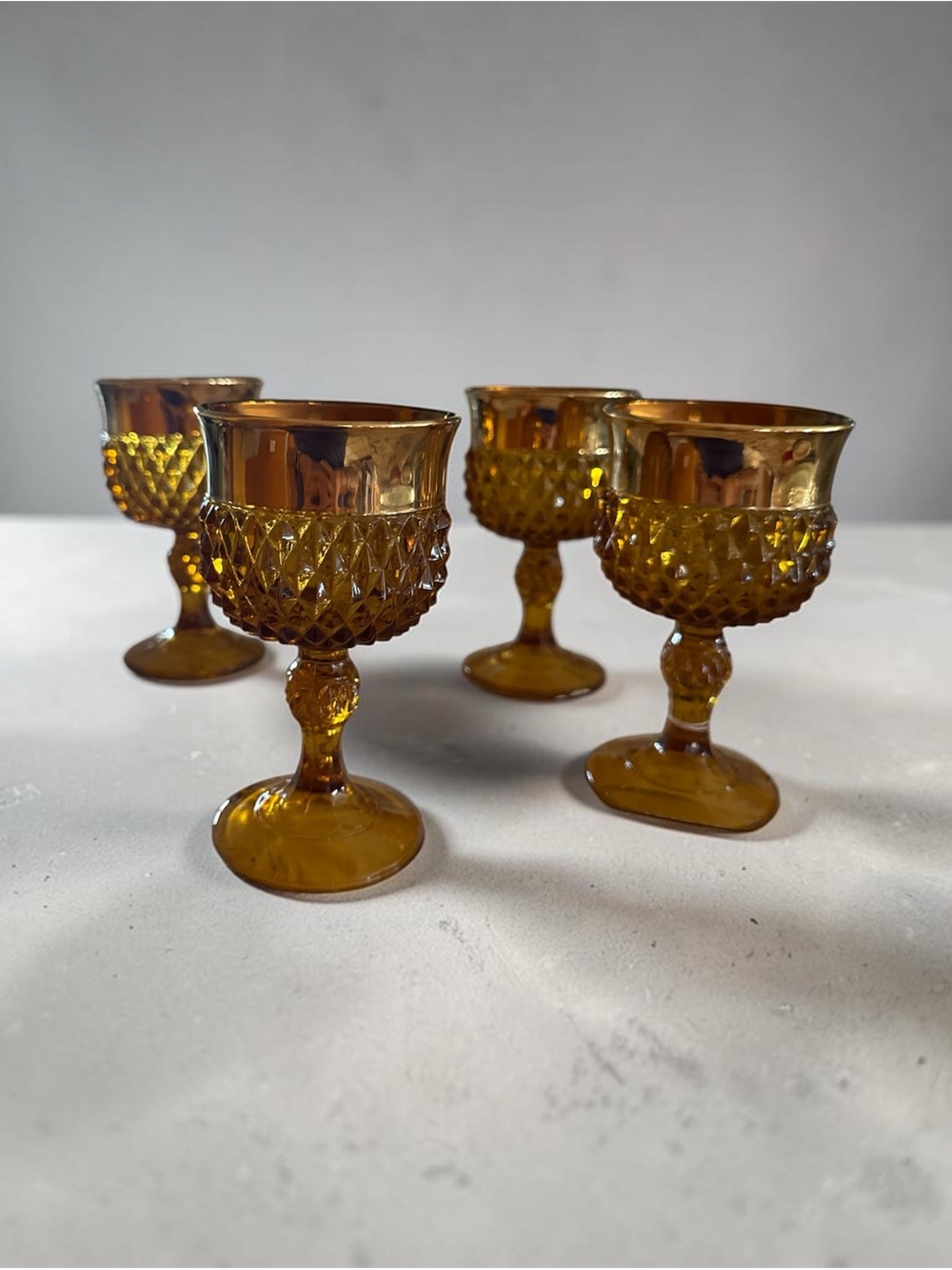Set Of 4 Vintage Indiana Glass Amber Gold Rim Diamond Point Goblets GW-3